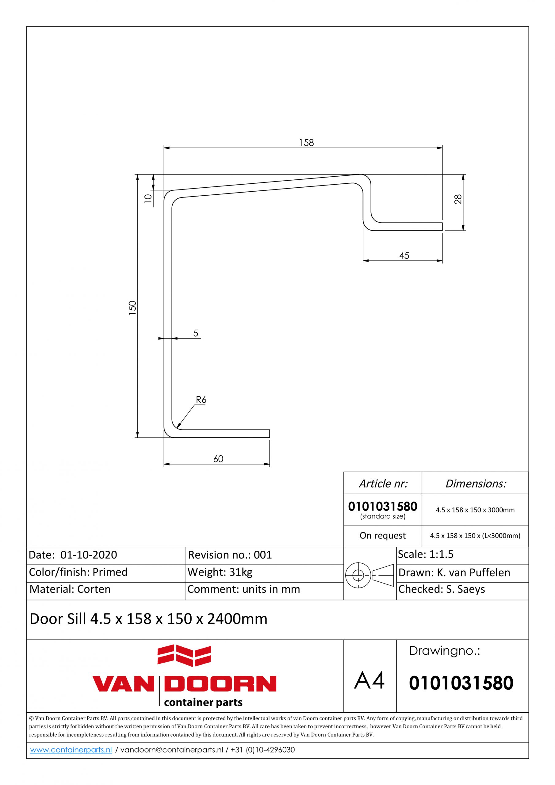 Door Sill 4.5x158x150x2400 mm • Van Doorn Containerparts